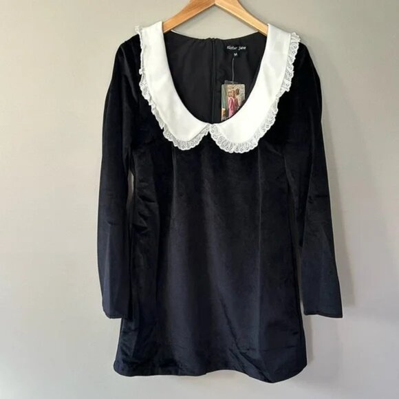 NWT Sister Jane‎ Black Velvet Aquarius Scoop Neck Mini Dress Sz M - Picture 1 of 8